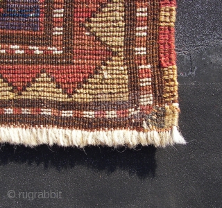 Longhaired Caucasian,with a three row selvage. Moghan ? Kazak ? Wool on wool. Old, ca:1920. ca. 240 cm. x 145 cm. Bird/animal motifs and Memling guls on the inner field. Thick ,lush  ...