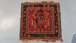 Small boteh Poshti ca; 44 cm x 43 cm.( ca 17 inch x 17 inch. ) , Wool on wool, slight Caucasian wool vibe.. Kurdish ? Fully ...