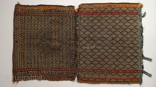  Qashqai,Ghasgaie. Shisheh dermeh weaving technique from the Dareh Shuri tribe ,  half Khorjin (!),wool, cotton, fragmented. Ca; 58 cm. x 92 cm . ( opened.)  Ca ; 23 inch.  ...