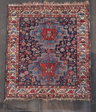 South persian tribal, wool on wool, some goathair, cleaned,good colors, washed, full piled, and ca 162 cm x 198 cm.
Afshar region ? , Two medallions and a pleasant crowded field with all  ...