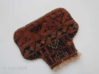 Small bag, pouch, fragment . Ca : 33 cm . x 27 cm . Some zoomorphic elements on the front side. ( Camel ? ) North West Persian ? / Central Asian  ...