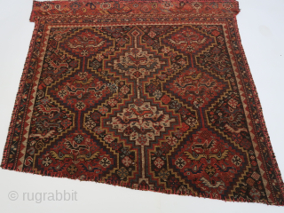 Southwest persian tribal fragment. Wool on wool, three rows of rhombics placed vertically on the central field filled with several types of birds. Great colours. ca : 97 cm . x 104  ...