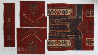 Several fragments, wool on wool, red wefts, depicting various caucasian motifs , the main one ca ; 55 x 55 cm. the rest smaller. Turkmen ? Moroccan ? Afghan ? Caucasian ?  ...