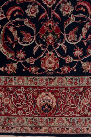 Kashan Carpet

9.0 x 11.7
2.74 x 3.56

The almost blue-black field displays an ivory medallion around which swirl layers of forked rinceaux with a variety of regular and iris palmettes and various floral   ...