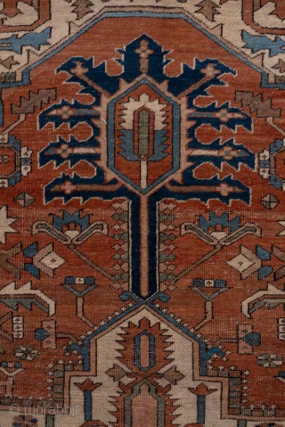 Heriz Carpet

10.2 x 13.8
3.10 x 4.20

This all natural dye, NW Persian rustic caroet displays a large ivory octogramme medallion with a dark blue submedallion and  ragged palmette pendants, all on a  ...