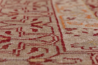 Oushak Carpet

9.0 x 13.5
2.74 x 4.11

The rather worn madder red open field is nearly covered by an oversize double spadiform  ivory medallion with internal red arabesque outlining which is repeated in  ...