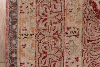 Oushak Carpet

9.0 x 13.5
2.74 x 4.11

The rather worn madder red open field is nearly covered by an oversize double spadiform  ivory medallion with internal red arabesque outlining which is repeated in  ...