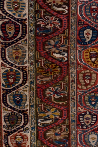 Bidjar Runner

3.4 x 12.1
1.03 x 3.68

In the Caucasian style, this Kurdish Persian runner displays five columns strips in navy, red and ivory featuring botehs and palmettes within undulating vines. The colours are  ...