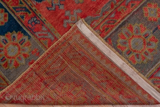 Oushak Carpet

14.0 x 18.2
4.26 x 5.54

The  abrashed soft madder red field of this western Turkish workshop carpet displays an allover yaprak ("leaf") pattern mixing  ragged palmettes and broken, hooked lozenges  ...