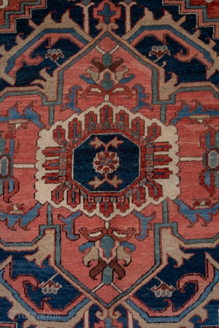 Heriz Carpet

10.9 x 14.9
3.32 x 4.54 

Of higher Serapi grade, this NW Persian village carpet displays a terra cotta red subfield centred by a palmette pendanted navy nested medallion with ivory Herati  ...