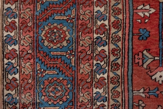 Heriz Carpet

10.9 x 14.9
3.32 x 4.54 

Of higher Serapi grade, this NW Persian village carpet displays a terra cotta red subfield centred by a palmette pendanted navy nested medallion with ivory Herati  ...