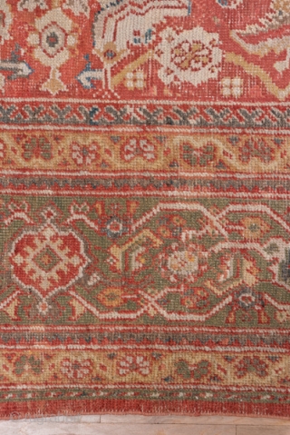 Mahal Carpet

10.4 x 14.2
3.16 x 4.32
 
A fairly l.arge scale allover Herati 'fish' leaf, open diamond, rosette and palmette pattern in light straw ans ivory decorates the warm madder red field of  ...