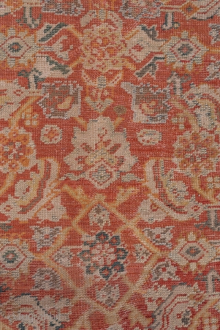Mahal Carpet

10.4 x 14.2
3.16 x 4.32
 
A fairly l.arge scale allover Herati 'fish' leaf, open diamond, rosette and palmette pattern in light straw ans ivory decorates the warm madder red field of  ...