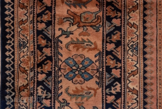 Lilian Carpet

12.3 x 19.0
3.74 x 5.79

This Hamadan area roomsize has a dark blue  octagonal subfield edged with tiny botehs and a classic Herati design overall. Double vases with jagged leaves decorate  ...
