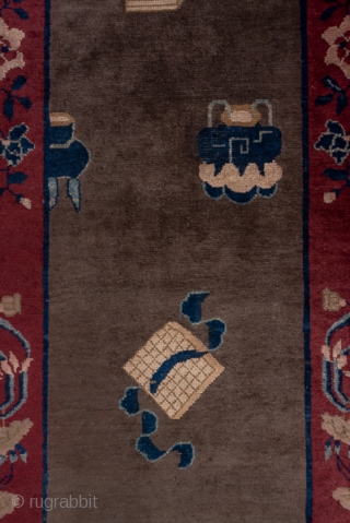 Peking Chinese Long Runner

3.0 x 26.2
0.91 x 7.98

The slate field of this particularly long interwar Peking runner displays  teapots, Ru-yi sceptre , Go board, books, tripod vessel and other symbolic and  ...