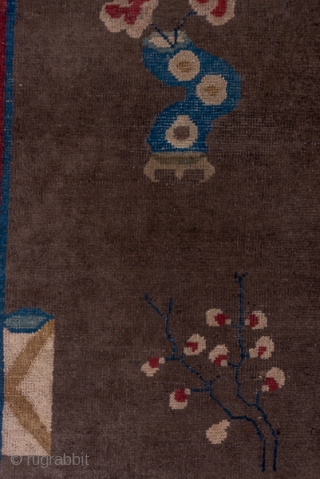Peking Chinese Long Runner

3.0 x 26.2
0.91 x 7.98

The slate field of this particularly long interwar Peking runner displays  teapots, Ru-yi sceptre , Go board, books, tripod vessel and other symbolic and  ...