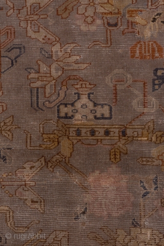 Indochinese Carpet

12.0 x 15.1
3.65 x 4.60

This rather enigmatic carpet is a study in earth-tones. It has certain Chinese design features, but the weave does not fit with anything from Ningxia, Peking or  ...