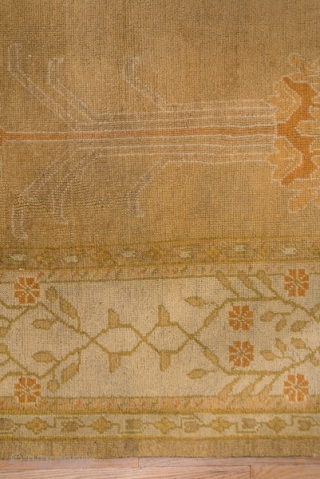 Oushak Carpet

11.2 x 18.6
3.41 x 5.66

This golden field west Turkish carpet has ab Art Nouveau/Arts and Crafts look with three columns of geometric palmettes on tall stalks on an otherwise open ground.  ...