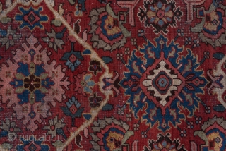 Mahal Carpet

10.4 x 14.3
3.16 x 4.35

The properly abrashed madder red field presents three columns of four large, ivory open lozenges centred by ivory ragged lozenges. Attractive polychrome leafy plants  are   ...