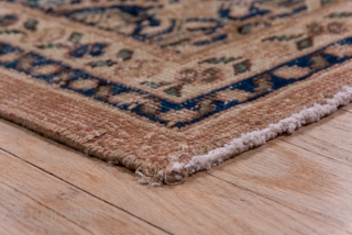 Mahal Carpet

9.8 x 12.9
2.98 x 3.93

The tan hexagonal field displays a variant on the Herati design, and the pattern continues into the diamond-shaped medallion and triangular corners. The abrashed brown border has  ...