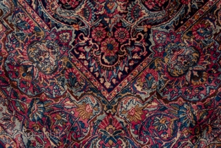 Kerman Carpet

8.10 x 17.0 
2.46 x 5.28
This top condition 1930's SE Persian urban carpet has a dark blue field covered with a fantgasy of palmettes radiating peacock  tails of floral sprays,  ...