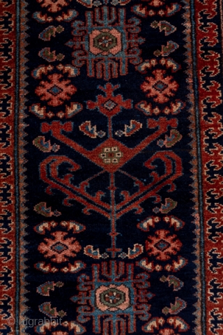 Hamadan Runner

3.0 by 18.0

Circa: 1920

More village Hamadan than Malayer, this repaired, but good pile runner has a predominantly dark palette  with a navy field centered by a chevron-branched pole medallion interrupted  ...