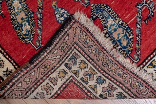 Malayer Runner

3.7 x 14.5
1.12 x 4.41

The brisk red field displays rows of slightly leaning slender floriated botehs, three to a line in a clearly textile-derived pattern. The cream main border of this  ...