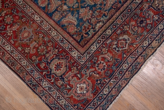 Mahal Carpet

10.8 x 12.9
3.29 x 3.93
 
The attractive abrashed cerulean blue field is neatly covered by a medium scale allover classic Herati pattern detailed in rust, ivory and green. The rust border  ...
