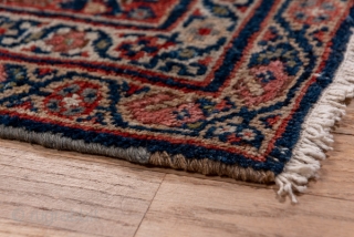 Mahal Carpet

10.8 x 12.9
3.29 x 3.93
 
The attractive abrashed cerulean blue field is neatly covered by a medium scale allover classic Herati pattern detailed in rust, ivory and green. The rust border  ...