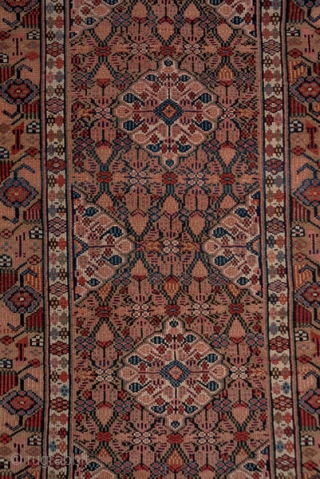 Hamadan Runner

2.9 x 17.6
0.88 x 5.36
 
This west Persian rustic runner shows several shades of camel toned  pile wool in the lattice and small repeating medallion field and in the plain  ...