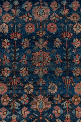 Malayer Runner

3.2 x 13.7
0.97 x 4.17

This somewhat worn west Persian village runner displays an allover  pattern of two-way flowers, fan palmettes, little botehs and floating rosettes on a medium-dark blue field.  ...