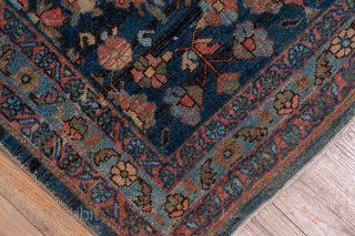 Malayer Runner

3.2 x 13.7
0.97 x 4.17

This somewhat worn west Persian village runner displays an allover  pattern of two-way flowers, fan palmettes, little botehs and floating rosettes on a medium-dark blue field.  ...