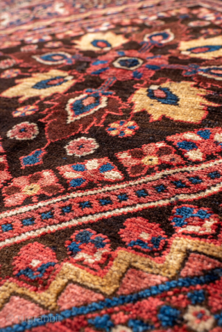 Antique Persian Bakhtiari Rug, circa 1920. Featuring a bold diamond medallion on a rich red field with indigo and ivory accents, framed by a lively floral border. Strong tribal character with vibrant, ...