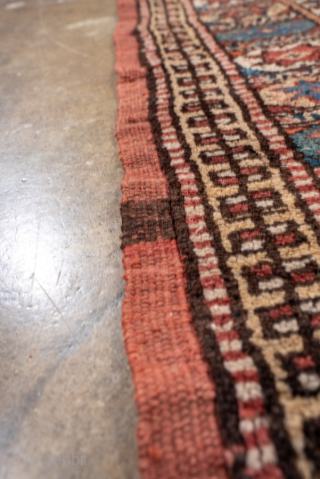 Antique Kurdish Rug, circa 1900. Featuring an allover tribal pattern on a warm rust field with soft blue and ivory accents, framed by a geometric star border. Lively village weaving with bold  ...