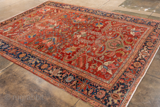 Antique Persian Heriz Carpet, Circa 1900. Striking allover geometric Tree of Life design woven across a richly colored brick-red field with a deep indigo border. Balanced composition and architectural presence make it  ...