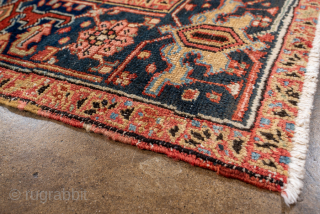 Antique Persian Heriz Carpet, Circa 1900. Striking allover geometric Tree of Life design woven across a richly colored brick-red field with a deep indigo border. Balanced composition and architectural presence make it  ...
