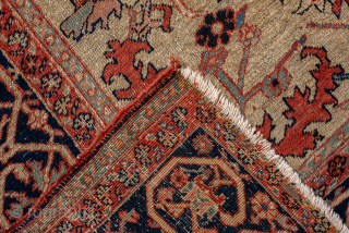 Antique Persian Serapi Carpet, Circa 1900. Bold navy medallion set within a vibrant coral-red field framed by an intricately detailed midnight-blue border. 

7'8" x 11'1"

Item No: 98970      