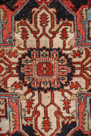 Antique Persian Serapi Carpet, Circa 1900. Striking cruciform medallion within a warm terracotta field accented by ivory, deep navy, and soft blue details.
9'7" x 13'5"
Item No: 100555