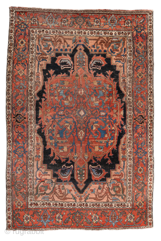 Antique Persian Serapi Carpet, Circa 1900. Striking midnight-blue stepped medallion on a rich terracotta field framed by vibrant red and ivory borders.

8'4" x 12'5"

Item No: 100874       