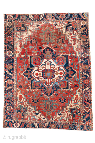 Antique Persian Serapi Carpet, Circa 1900. Bold ivory cruciform medallion set within a vibrant brick-red field framed by a richly detailed indigo border.

9'4" x 12'2"

Item No: 101637      