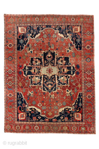 Antique Persian Serapi Carpet, Circa 1900. Striking ivory cruciform medallion on a vibrant terracotta-red field framed by deep midnight-blue corner spandrels and an elegant floral border.

9'4" x 12'4"

Item No: 101990   