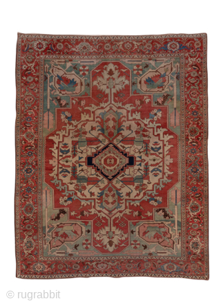 Antique Persian Serapi Carpet, Circa 1900. Features a bold stepped medallion set within a warm coral-red field highlighted by soft ivory, blue, and sage-green accents.

9'2" x 11'6"

Item No: C03054    