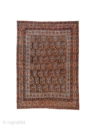 Antique Persian Afshar Rug, Circa 1900. Finely drawn allover pattern of stylized cypress trees and geometric floral motifs in warm camel, walnut, and soft blue tones.

4'1" x 5'8"

Item No: 91804   