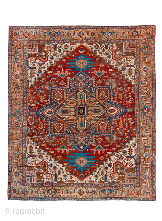 Antique Persian Serapi Carpet, Circa 1900. Impressive oversized geometric medallion on a vibrant brick-red field framed by an elegant ivory border.
11'4" x 13'4"
Item No: 92192