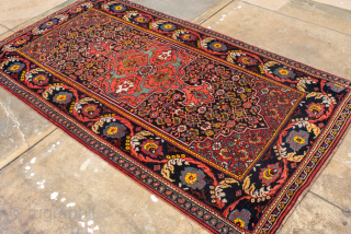 Antique Persian Bidjar Runner, Circa 1910. Vibrant crimson geometric medallion on a deep midnight-blue Herati field framed by a dramatic turtle-palmette border.