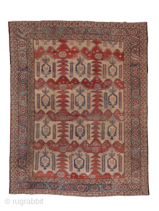 Antique Persian Serapi Carpet, Circa 1900. Rare allover pattern of stylized palmettes, cypress trees, and geometric motifs on a warm ivory field.
10'9" x 13'8"
Item No: 53377