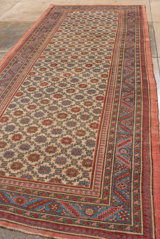 Antique Persian Bakhshayesh Gallery Carpet, Circa 1900. Rare allover lattice of stylized rosettes woven across a warm ivory field.
6'0" x 13'10"
Item No: 99867