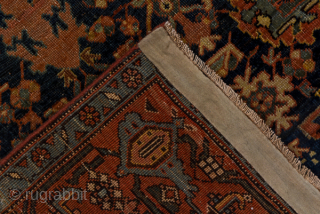 Antique Persian Bidjar Carpet, Circa 1910. Elegant ivory Herati field with an elongated rust diamond medallion framed by deep navy corner spandrels and a finely detailed floral border.
8'10" x 12'6"
Item No: 56181