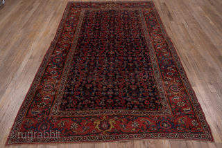Antique Persian Bidjar Rug, Circa 1910. Richly detailed allover Herati design woven across a deep midnight blue field framed by an elegant terracotta floral border.
5'3" x 8'11"
Item No: 6947