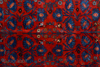 Antique Persian Bidjar Carpet, Circa 1900. Grand slate-blue lozenge medallion set within a richly detailed crimson Herati field framed by multiple finely woven floral borders.
8'0" x 13'0"
Item No: 84900